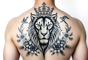 powerful majestic lion with a crown, surrounded by floral ornaments and birds tattoo idea