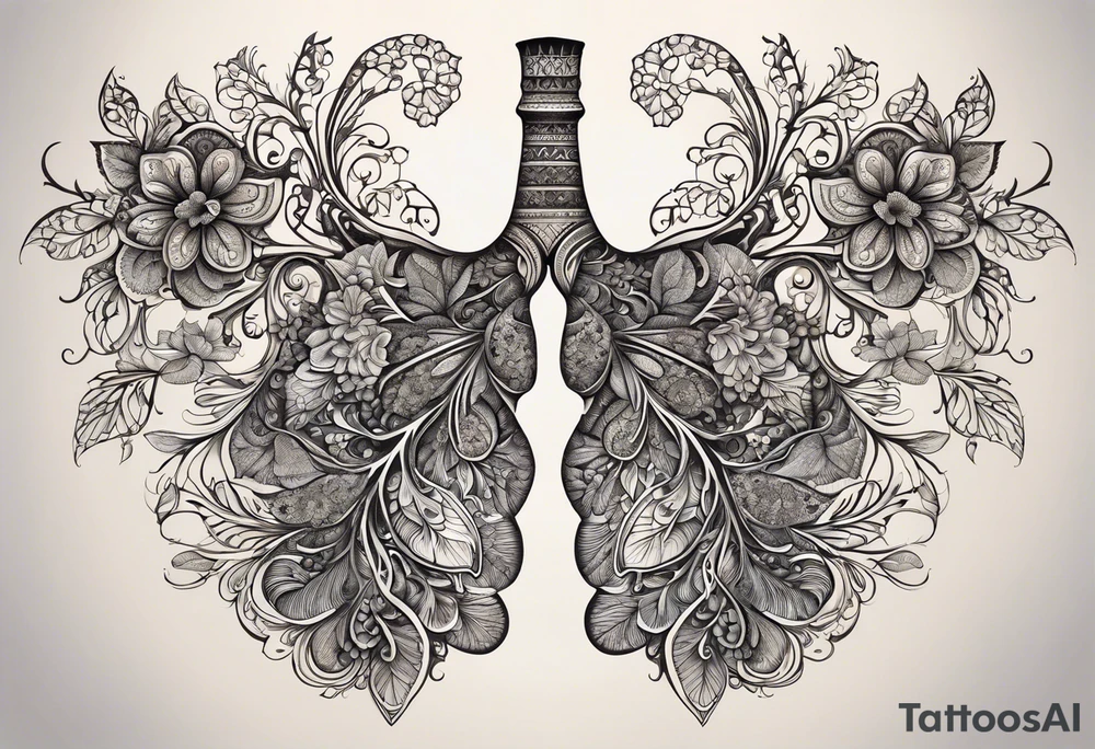 intricate and artistic arrangement of flowers and ornamental patterns that come together to form the shape of human lungs. The design should have a balance of delicacy and detail, with vibrant floral elements seamlessly intertwining to mimic the structure of the lungs, including the bronchi branching into floral motifs. Incorporate subtle shading and depth to give the tattoo a dynamic and organic feel, while maintaining elegance and symmetry, embraced by an octopus and butterflies flying around tattoo idea