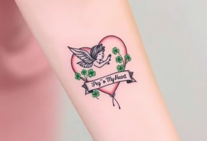 a big pale pink heart and a whimsical angel in a bunch of green shamrocks, with a banner across the heart that says Peg 'o My Heart tattoo idea