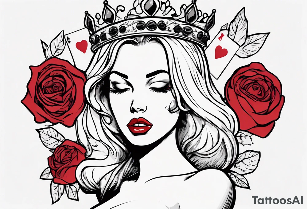 pin-up queen of hearts with a crown and natural lips, immersed in rose flowers tattoo idea