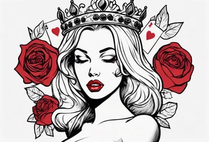 pin-up queen of hearts with a crown and natural lips, immersed in rose flowers tattoo idea