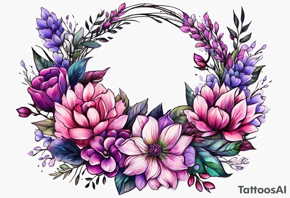 Flower wreath pinks and purples tattoo idea