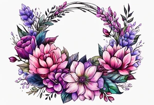 Flower wreath pinks and purples tattoo idea
