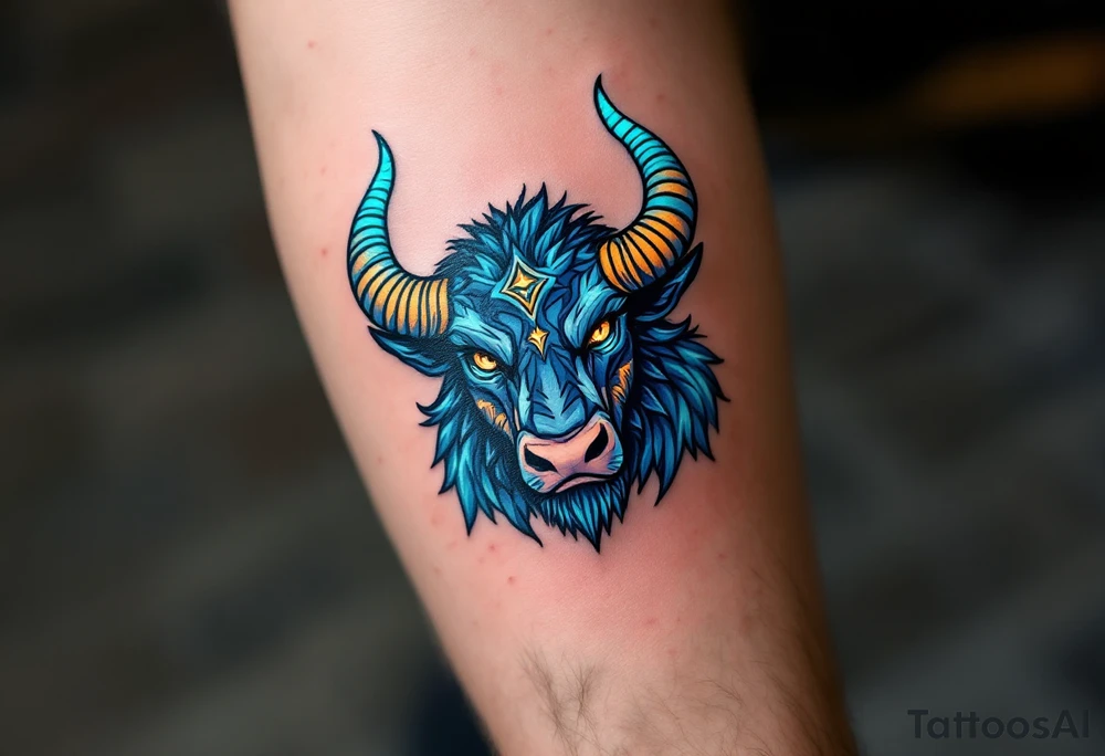 Like a cosmic guardian, Taurus watches with ochre eyes and glowing indigo horns. tattoo idea