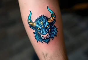 Like a cosmic guardian, Taurus watches with ochre eyes and glowing indigo horns. tattoo idea