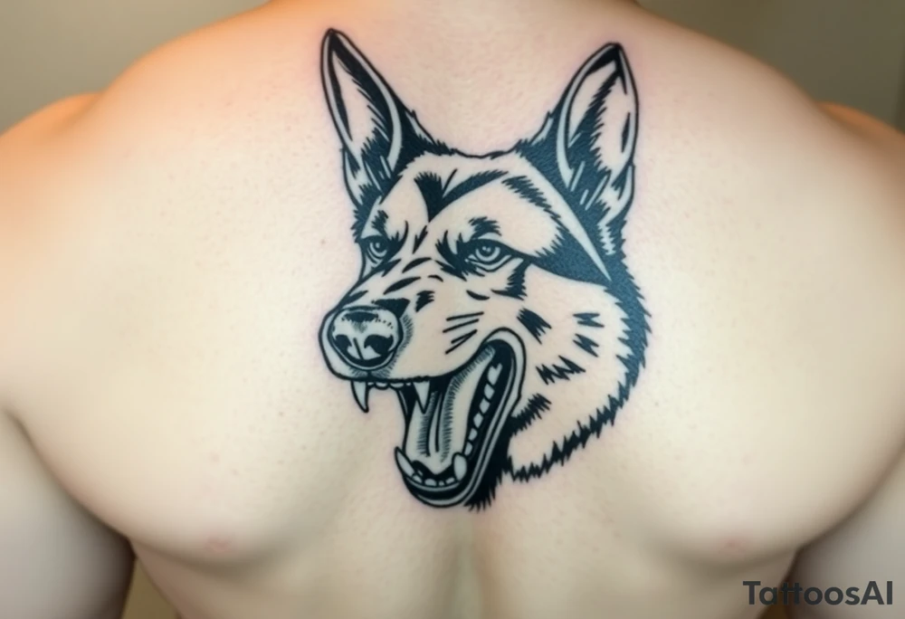 German Shepherd snarling with mouth open and barred teeth. tattoo idea
