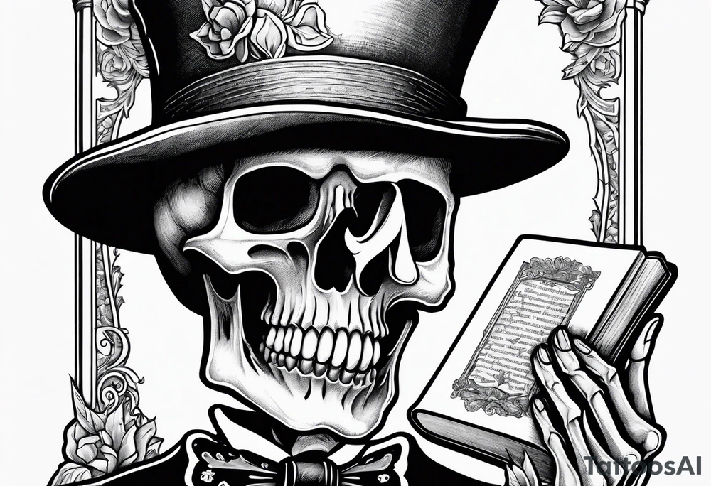 skeleton wearing a top hat holding a holy bible tattoo idea