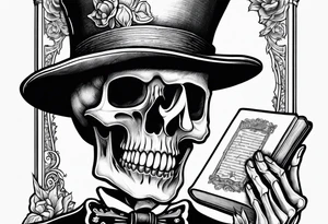 skeleton wearing a top hat holding a holy bible tattoo idea