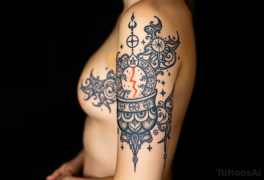Milky way filled with zodiac symbols runes tarot cards coming out of a cauldron tattoo idea