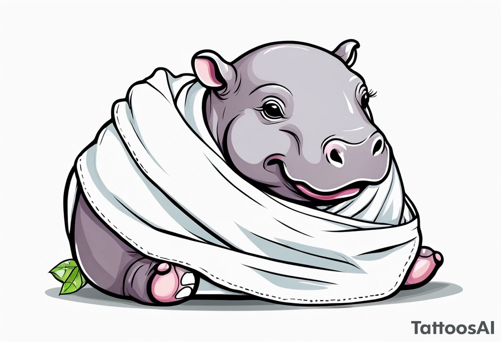 Baby hippo wrapped in a baby swaddle with a pacifier tattoo idea