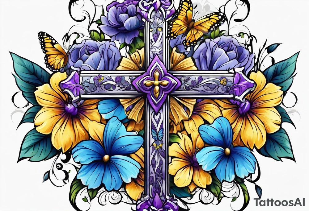 A cross with purple, yellow and blue flowers with a butterfly arm.sleeve tattoo idea