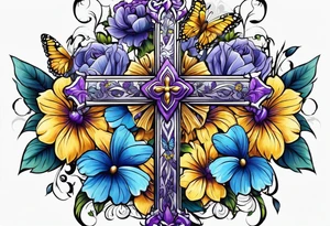 A cross with purple, yellow and blue flowers with a butterfly arm.sleeve tattoo idea