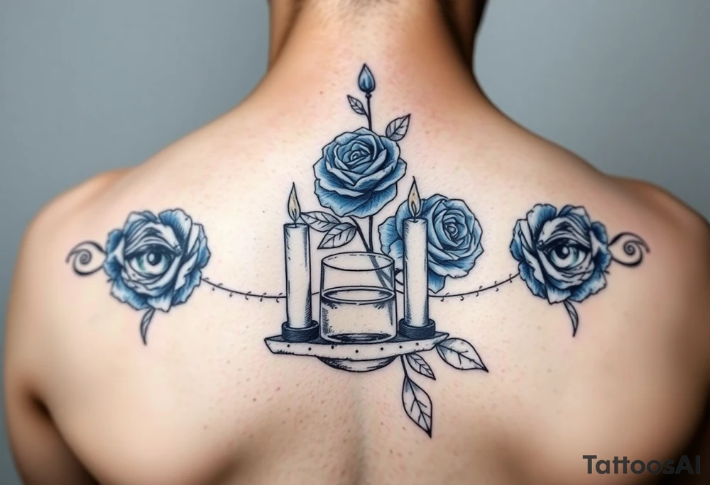 Blue roses, water, 2 candles, eyes tattoo idea
