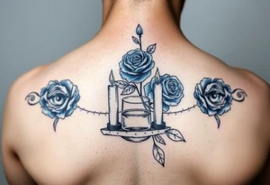 Blue roses, water, 2 candles, eyes tattoo idea