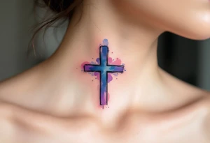 Abstract Watercolor Cross – A small black cross outlined in watercolor splashes of purple, blue, and pink, fading gently into the skin for a vibrant, artistic look. tattoo idea