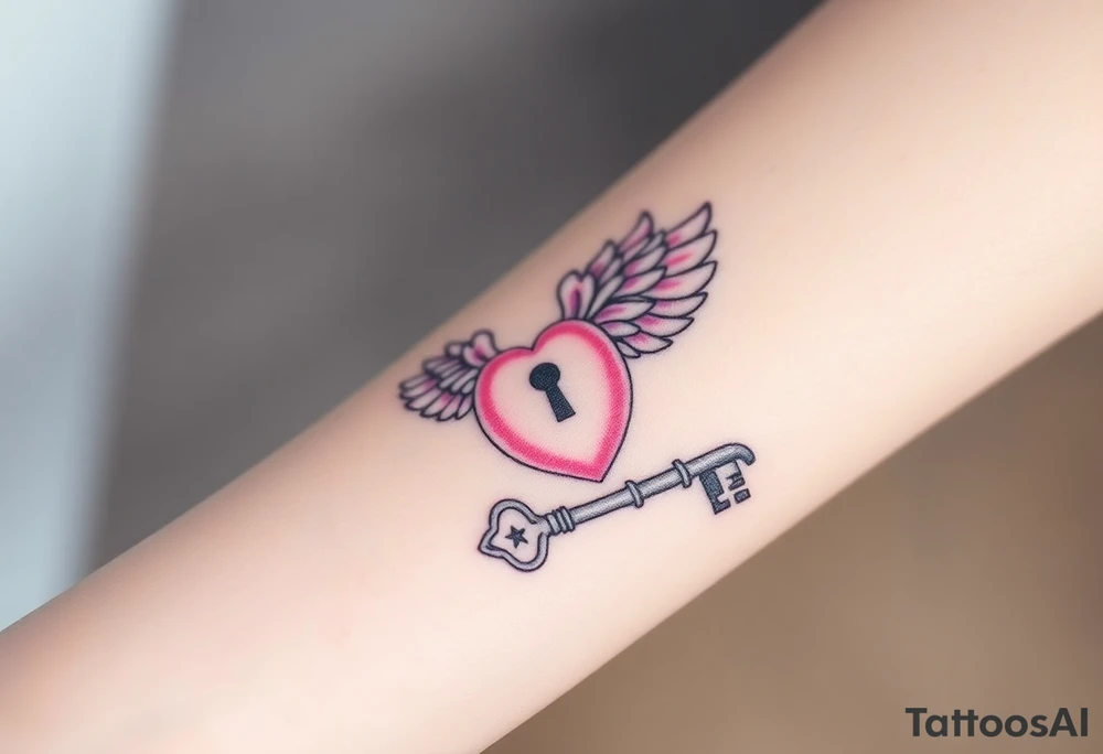 A soft pink and purple cloud lock with angelic wings, and nearby lying a silver key shaped like a shooting star tattoo idea