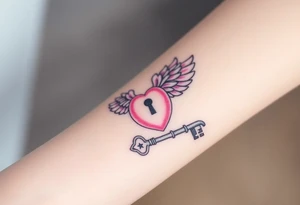 A soft pink and purple cloud lock with angelic wings, and nearby lying a silver key shaped like a shooting star tattoo idea