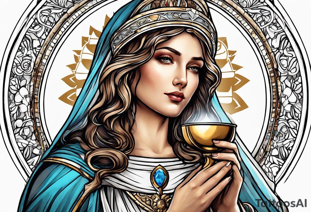 holy saint woman with halo holding a chalice tattoo idea