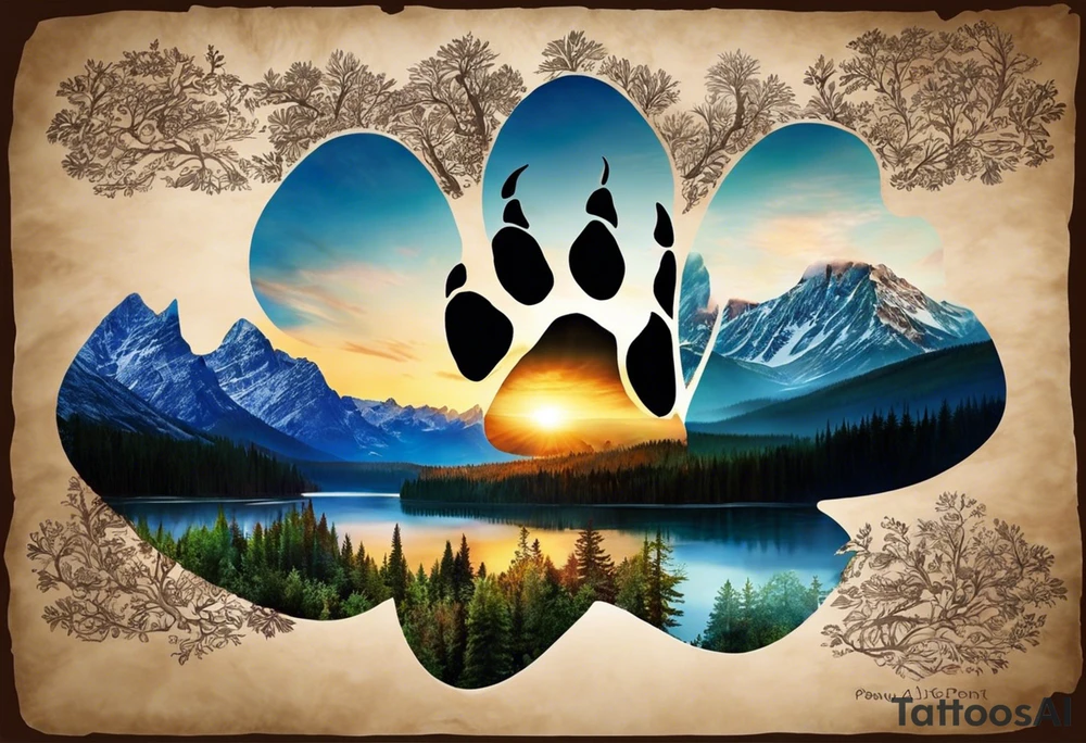 I want a large tattoo with a super realistic paw print, within the paw print I want a landscape and I want it to be lifelike texture and shading, especially on the nails. Inside the paw print, there's a detailed nature scene: mountains, a lake, a stream, and southern oak trees with wide canopies like a traditional southern background, and no pine trees. Keep the peeks of the mountains soft. The sun peeks over the mountains, shining and reflecting over the land and water, with realistic shading for depth. Around the paw print, l'd like a splotchy, fading background for a natural, textured look, but without any animals. The overall style should be detailed and realistic, with strong shading and dimension. No color and very realistic in the paw. tattoo idea
