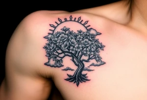 faded sun surrounding by clouds, big tree blooming with flowers tattoo idea