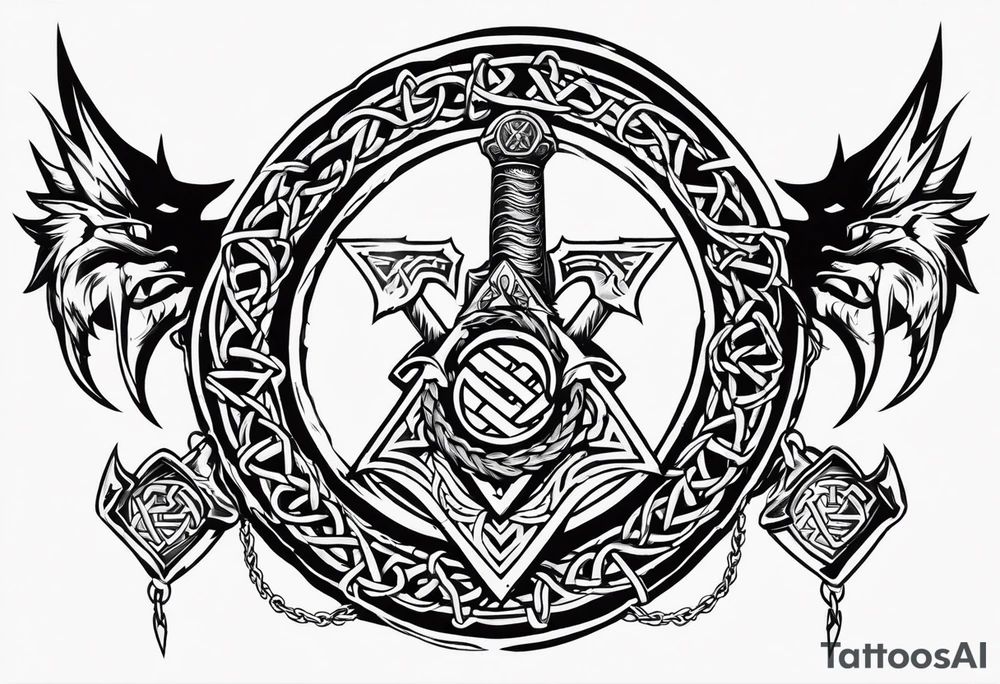 Valhalla sword shield dragon axe Valknut barbed wire chains tattoo idea Valhalla sword shield dragon axe Valknut barbed wire chains tattoo idea