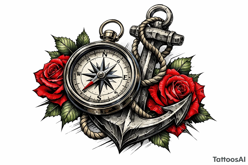 a compass,anchor,roses. tattoo idea