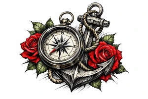 a compass,anchor,roses. tattoo idea