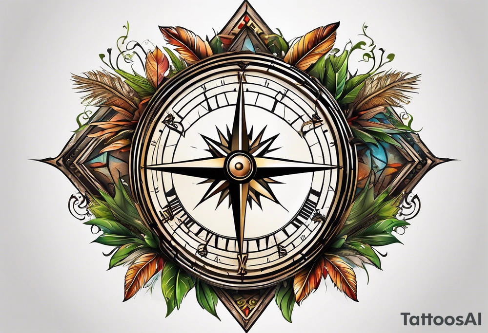 half compass half clock with arrow in the middle; nature on one side, cityscape on one side tattoo idea