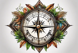 half compass half clock with arrow in the middle; nature on one side, cityscape on one side tattoo idea