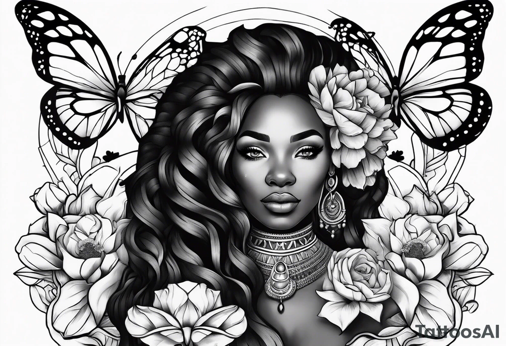 Nubian queen and lion with butterflies and flowers tattoo idea