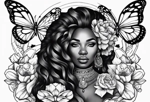 Nubian queen and lion with butterflies and flowers tattoo idea