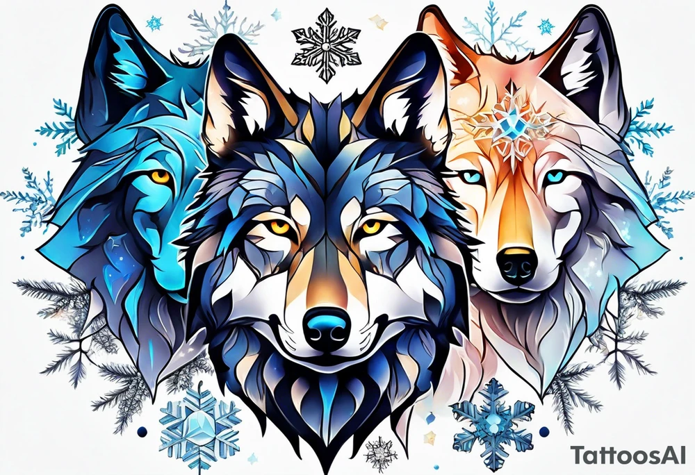 Constellation, two animal wolf, snowflake tattoo idea