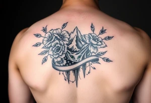 vintage bouquet of flowers , deer prints, river flower through a mountain with green eyes in it American flag wrapped around arm vintage car parts incorporated tattoo idea