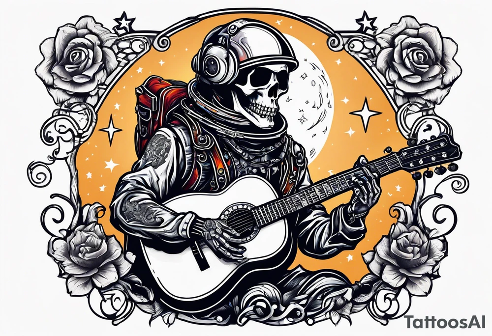 Skeleton astronaut playing acoustic guitar tattoo idea