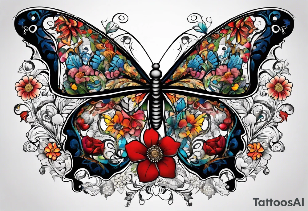 Peace be still, flowers, stitching, butterflies, Bold tattoo idea