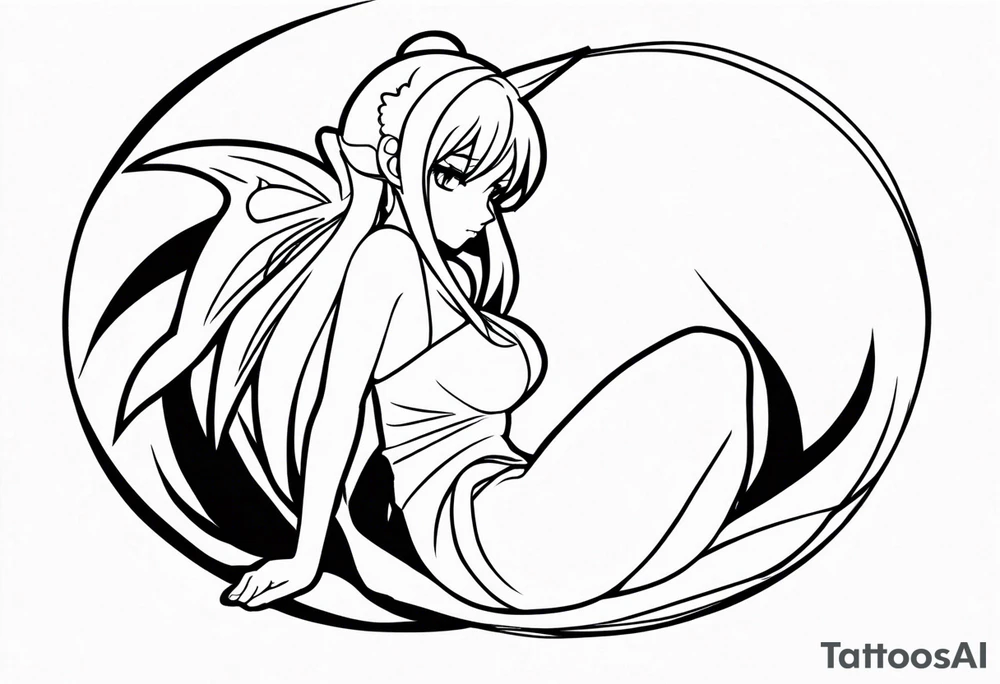 No color fairy with a tail inspired by the logo of the anime show called Fairy Tail in a fetal position leaning in and forward while sleeping tattoo idea