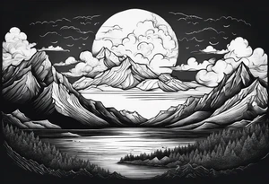 Mountain Range coming Out of the sea and Clouds. Sunrise in Front of it. Half moon and night Sky above the Mountains. tattoo idea