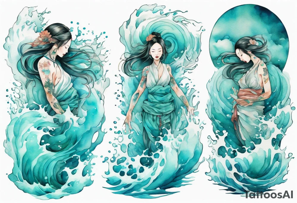 a woman made out of water emerging from the sea, turquoise tattoo idea