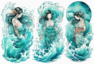 a woman made out of water emerging from the sea, turquoise tattoo idea