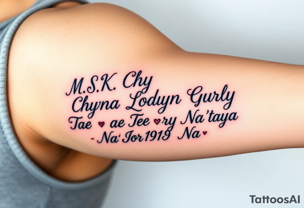 Cursive words that say, M.S.K

Chyna
Londyn
Gurly 
Tae tae 
Na’Jorya 
Na’taya, surrounded by little hearts & stars tattoo idea