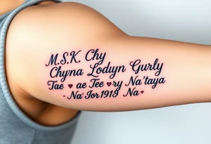 Cursive words that say, M.S.K

Chyna
Londyn
Gurly 
Tae tae 
Na’Jorya 
Na’taya, surrounded by little hearts & stars tattoo idea