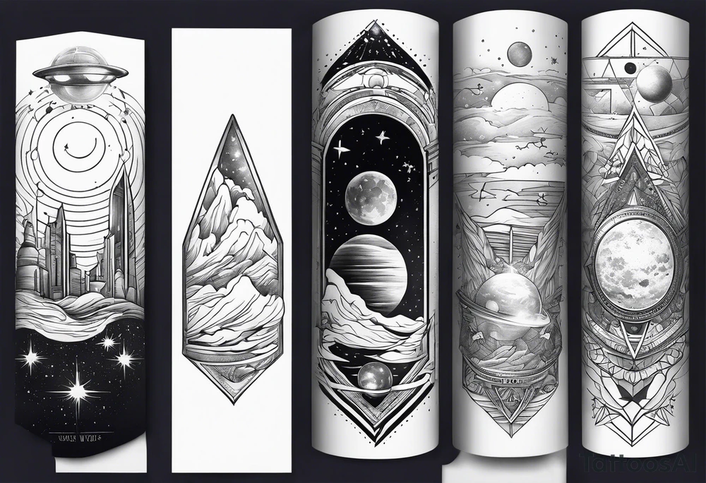 Outer space themed calf sleeve tattoo incorporating the quote, "Made for another world" tattoo idea