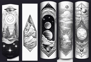 Outer space themed calf sleeve tattoo incorporating the quote, "Made for another world" tattoo idea