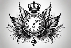 hourglass with feathers, a crown with a diamond and a pocket watch tattoo idea