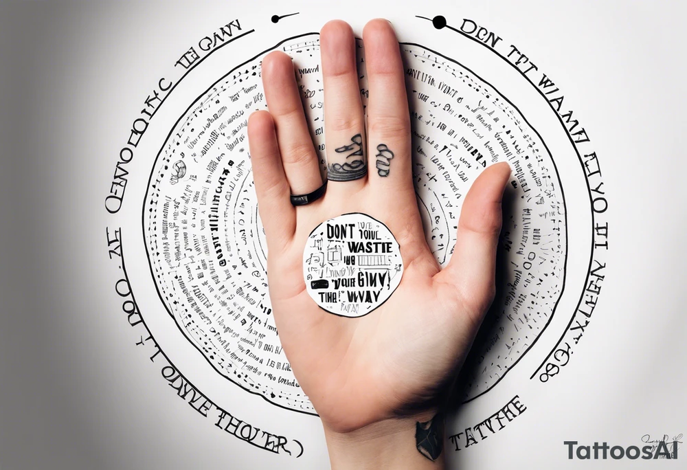 Circle of text on rhe hand with the tezt of dont waste tour time looking back youre not going that way tattoo idea