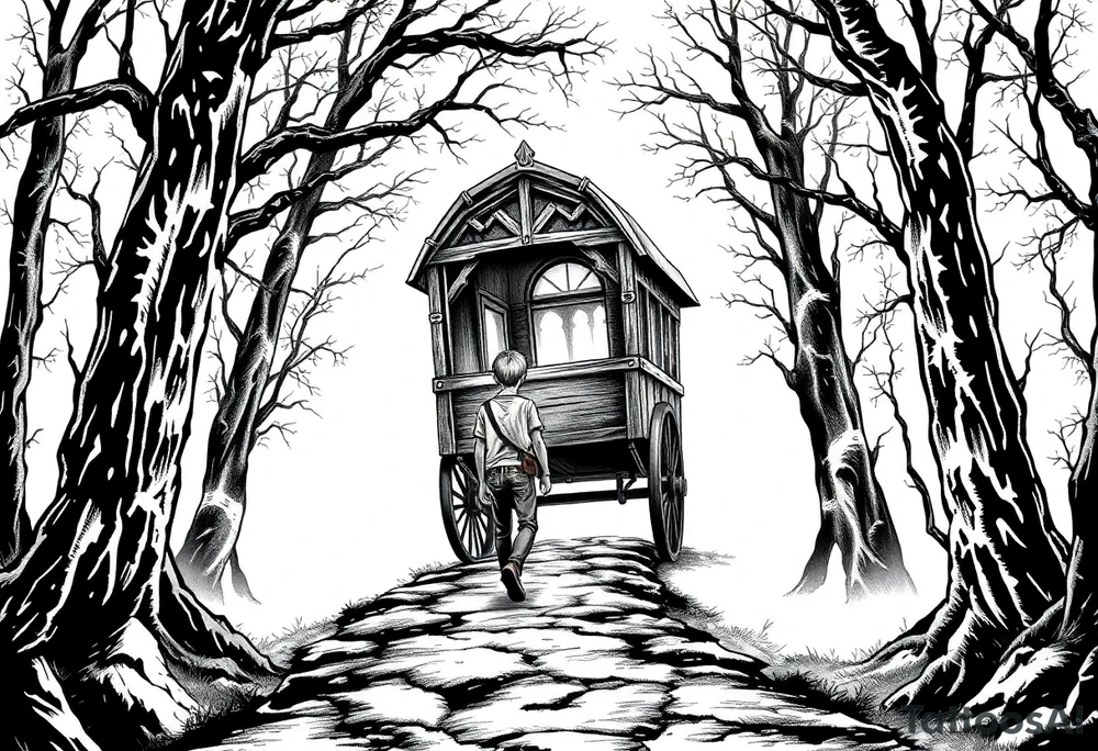 A boy walking up a forest path, DnD inspired, broken down carriage, tavern, glowing tunnel tattoo idea