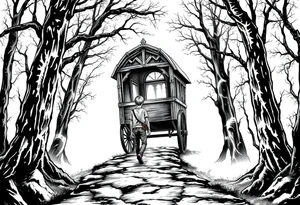 A boy walking up a forest path, DnD inspired, broken down carriage, tavern, glowing tunnel tattoo idea