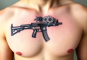 ak 47 black silhouette with floreal details tattoo idea