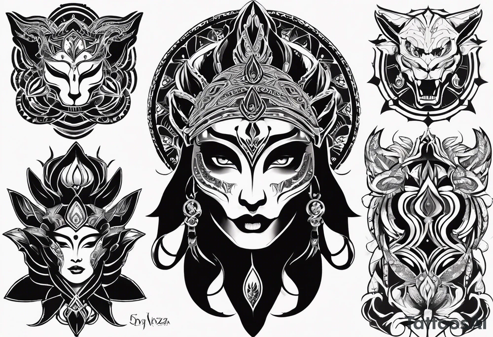 kali ma, alien goddess, valkrye, aries, cosmic pirate, divine feminine, zenza resonance, pachamama, lotus azul, blank panther, eagle, skull, 5D, nueva gaya, dna 12, left side chest tatoo tattoo idea