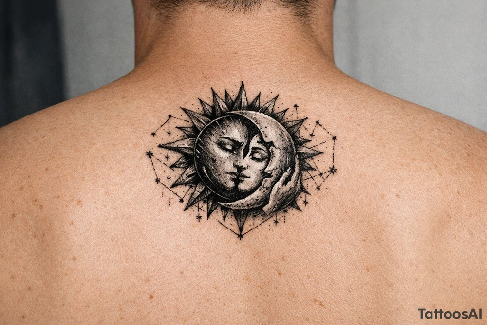 celestial sun and moon embrace with constellation patterns tattoo idea